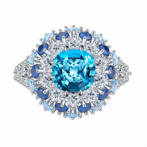 WemGem Jewelry S925 Sterling Silver Aquamarine Color personalized Ring, 8x8mm Blue Crystal high-carbon diamond, Women's Floral Design Wedding Band
