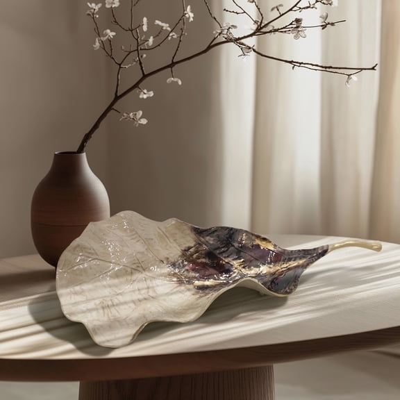 Tray for Bed, Coffee Table, or Home Decor - Decorative Leaf-Shaped Tray Perfect for Centerpiece Table Decoration or Home Accent - Unique Tray for Jewelries, Trinkets, or Vanities - 27" Ivory & Gold