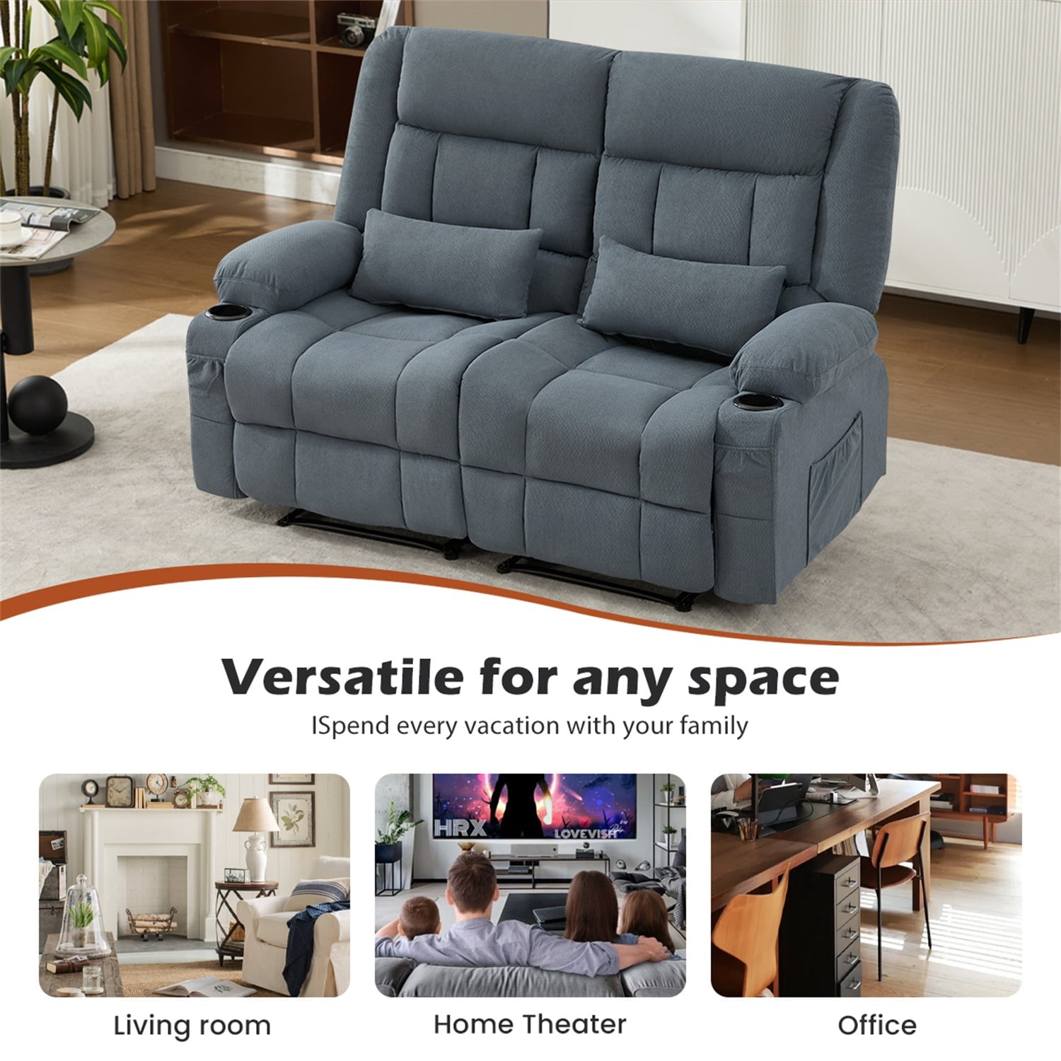 Alvantor Loveseat Recliner Sofa for Adults with Cup Holders, Modern Overstuffed Manual Sofa Chair for Home Theater Blue