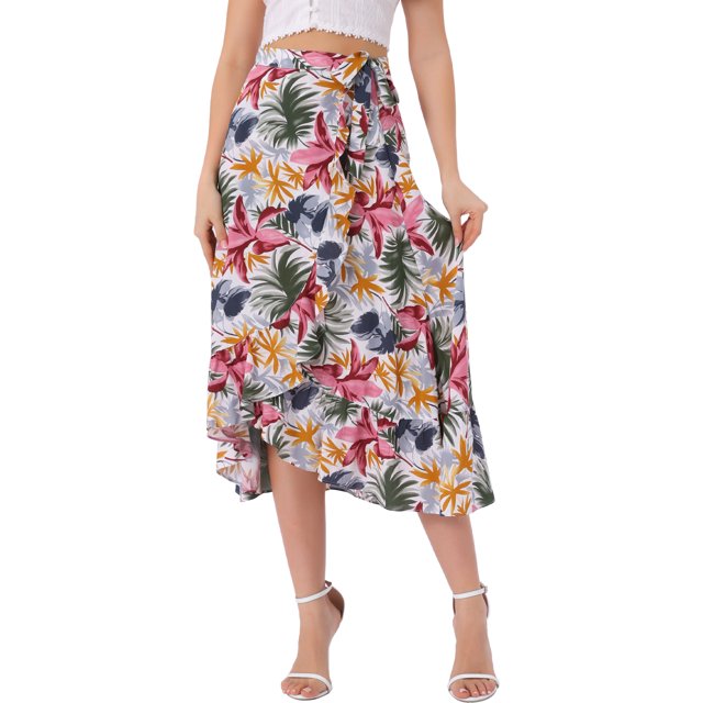 Falda Tropical Floral con Volantes para Mujeres INSPIRE CHIC, con Nudo Autoadhesivo, Falda de Playa Hawaiana, Blanca y Rosa, Talla S