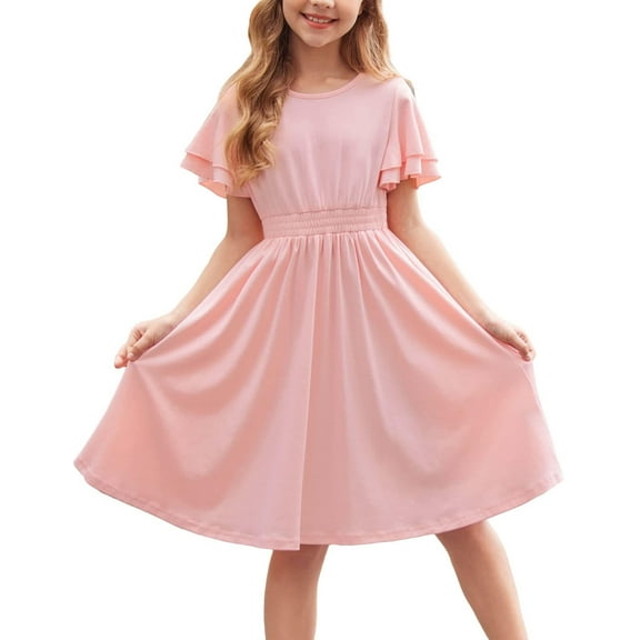 Arshiner Dress for Girls Plain Shirred High Waist Flowy Casual Party A Line Sundress