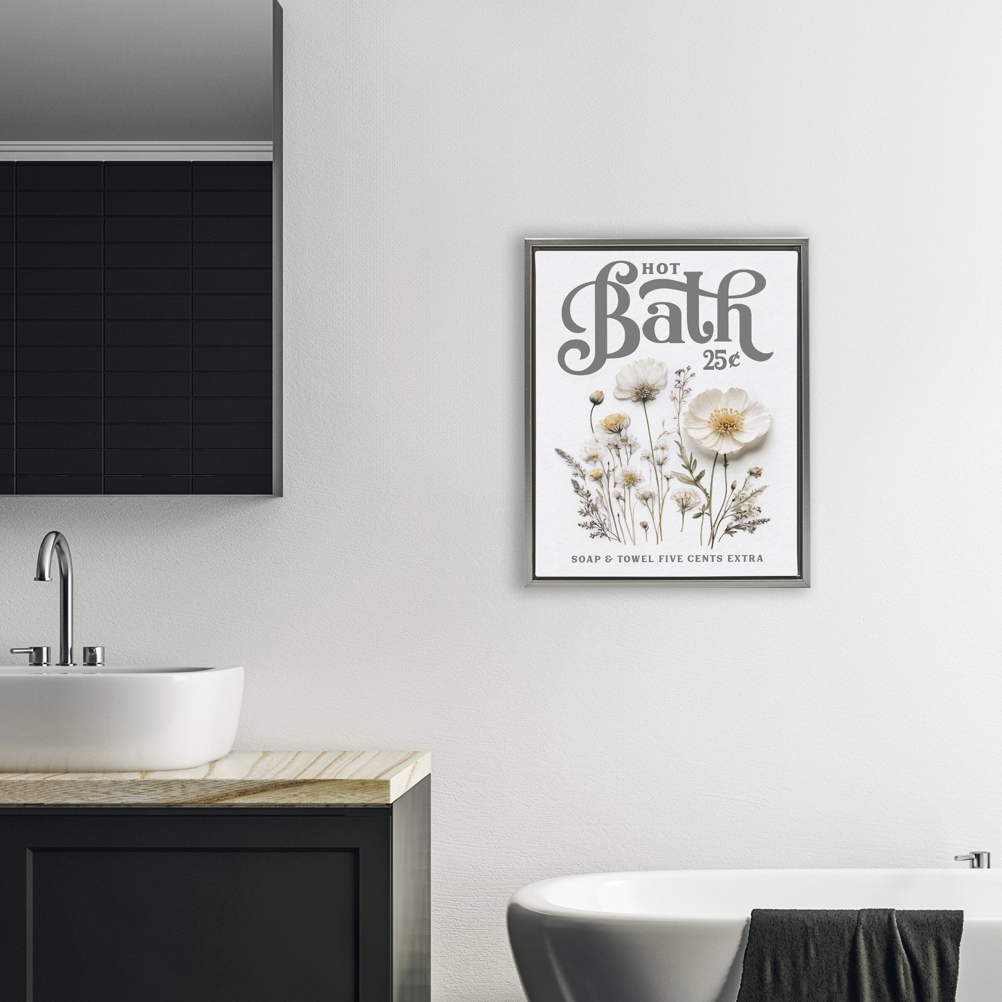Pressed Flowers Hot Bath Gray Framed Floater Canvas Wall Art, design by Lettered and Lined