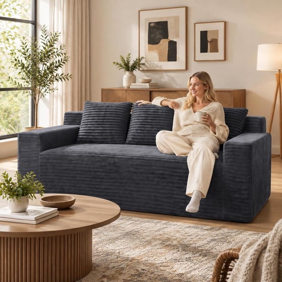 72.2" Corduroy 3-Seater Sofa, Deep Seat Boneless Cloud Couch with 3 Lumbar Pillows, No Assembly Modern Comfy Loveseat for Living Room, Grey