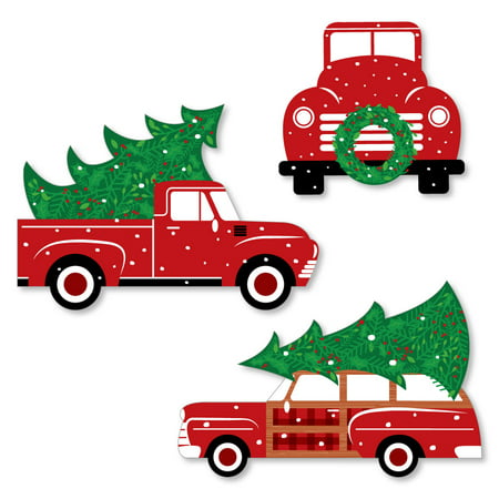 Merry Little Christmas Tree - Shaped Red Truck and Car Christmas Party Cut-Outs - 24