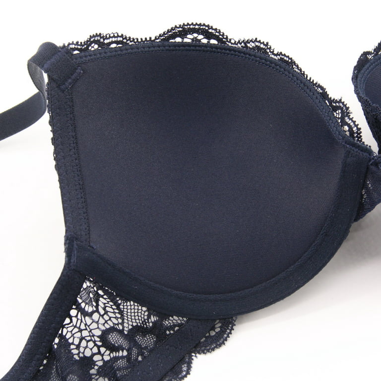 Deyllo Women's Sexy Lace Push Up Padded Plunge Add Cups Underwire Lift Up  Bra, Navy Blue 34DD 