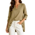 thumbnail image 2 of Qzwdhjm Womens 3/4 Sleeve Tops Stand V Neck Linen Top with Asymmetric Hem Side Pleated Loose Casual Shirts for Summer Going Out, 2 of 7