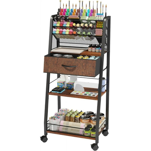 3 Tier Rolling Cart - Metal Utility Cart with Storage Drawer and Wheels, Versatile Art & Craft Organizer for Home, Office, or Studio - Ideal for Storing Brushes, Paints, and Supplies