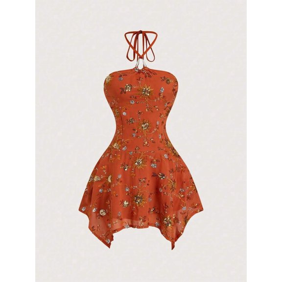 Orange Floral Beaded Halter Mini Dress With Embroidered Corset Fit And Asymmetrical Hem
