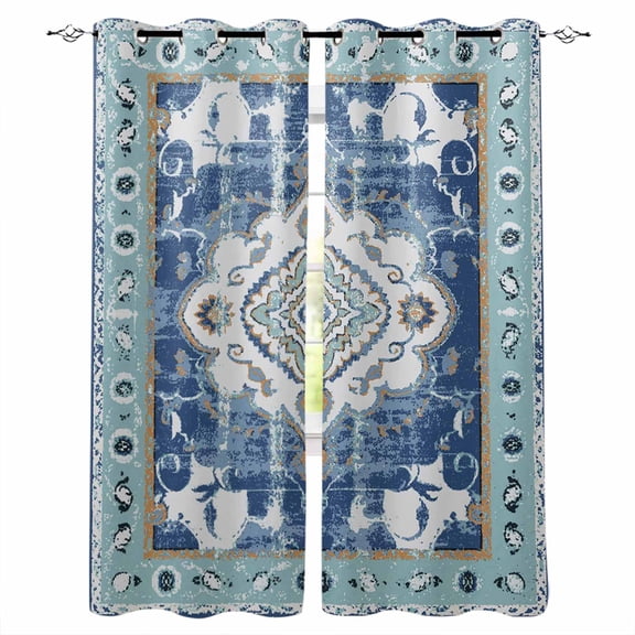 Blue Boho Blackout Curtains 96 Inches Long, Farmhouse Bohemian Medallion Oriental Flower Thermal Insulated Black Out Curtains, Darkening Window Curtain Drapes for Bedroom Living Room 52"x96" 2 Panels