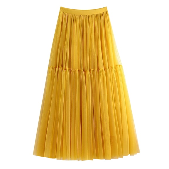 Telankuip Womens Tulle Elastic High Waist Elegant Midi Long Skirts Casual Solid Color Soft Comfort Sweet Casual Mesh Flowy Tutu Skirts Yellow One Size