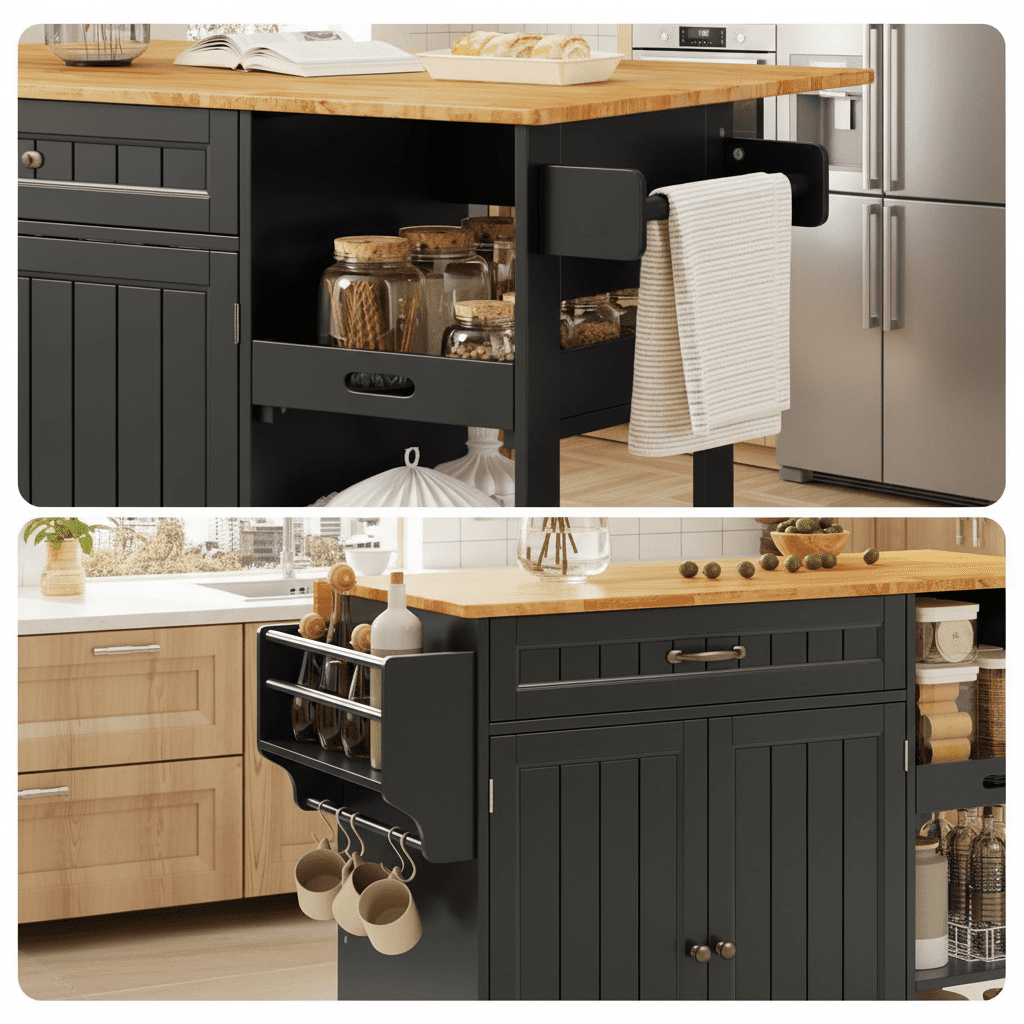 Aiho Rolling Island Table with Storage, 41.2" W Kitchen Island on Wheels with Drop Leaf & Spice/Towel Rack & Adjustable Shelf, Perfect for Kitchen, Living Room, Black