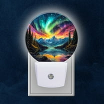 Round LED Night Lights Lamp with Dusk to Dawn Sensor, Northern Lights Over Mountains And Forests Night Light Plug Into Wall for Kids Room, Bedroom, Bathroom, Kitchen, Hallway