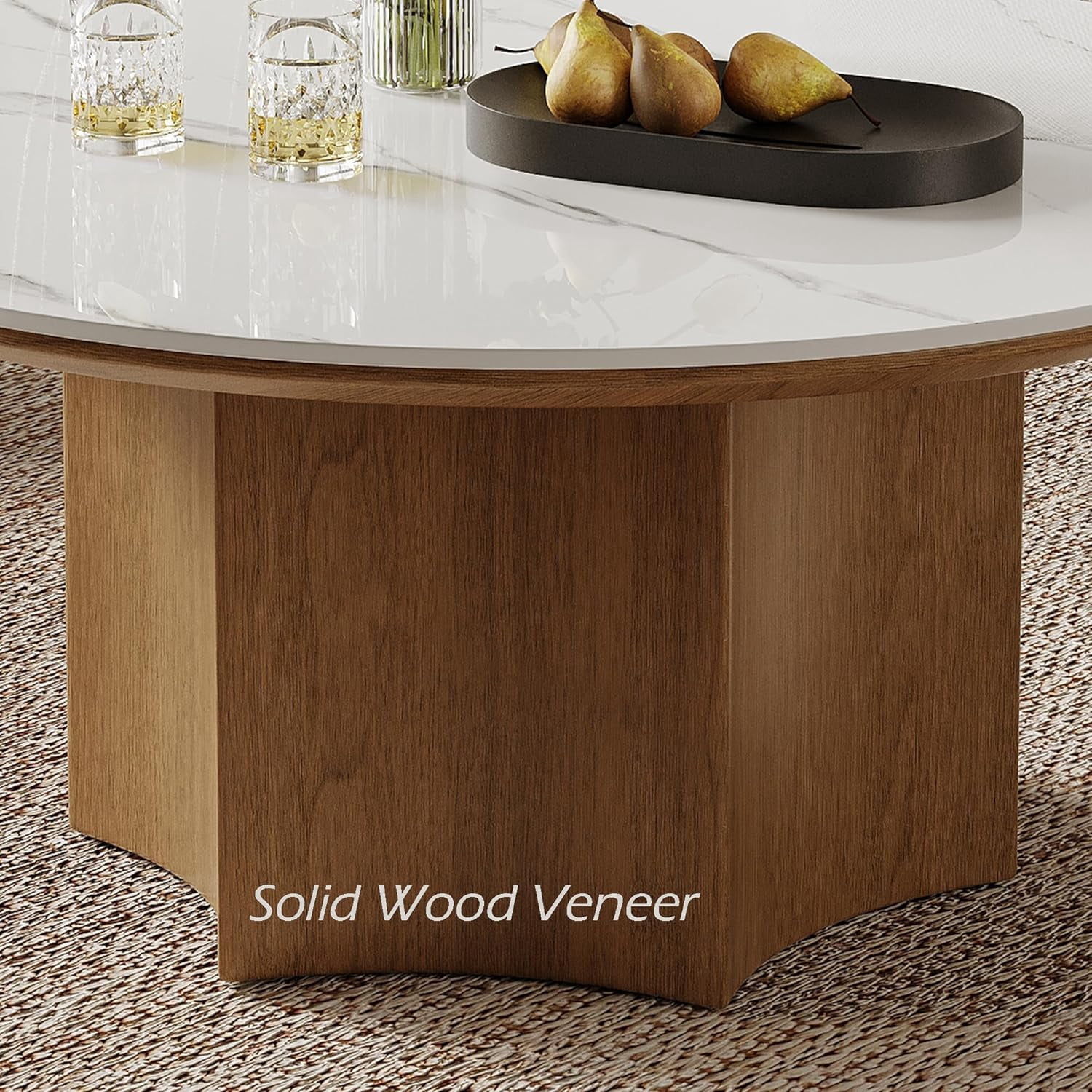 35.43" Round Coffee Table for Living Room, Sintered Stone Coffee Table with Wooden Hexagon Base, Modern Living Room Table Circle Center Table Tea Table for Home Office