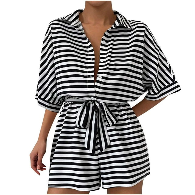 Hinvhai Womens Summer Casual Striped Rompers Clearance Short Sleeve Button Down Belted Short Jumpsuit Black S(S)