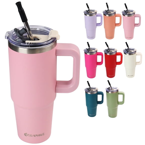 AQUAPHILE Insulated Tumbler with Leak-proof Lid and Straw, 30 oz Insulated Stainless Steel Coffee Mug with Handle, Travel Coffee Mug,Pink