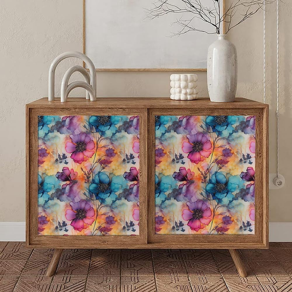 Pink Blue Watercolor Abstract Modern Flowers Peel and Stick Wallpaper Contact Paper Vintage Vinyl Stick on Wall Paper for Bedroom Bathroom Kitchen Cabinet Renter Friendly