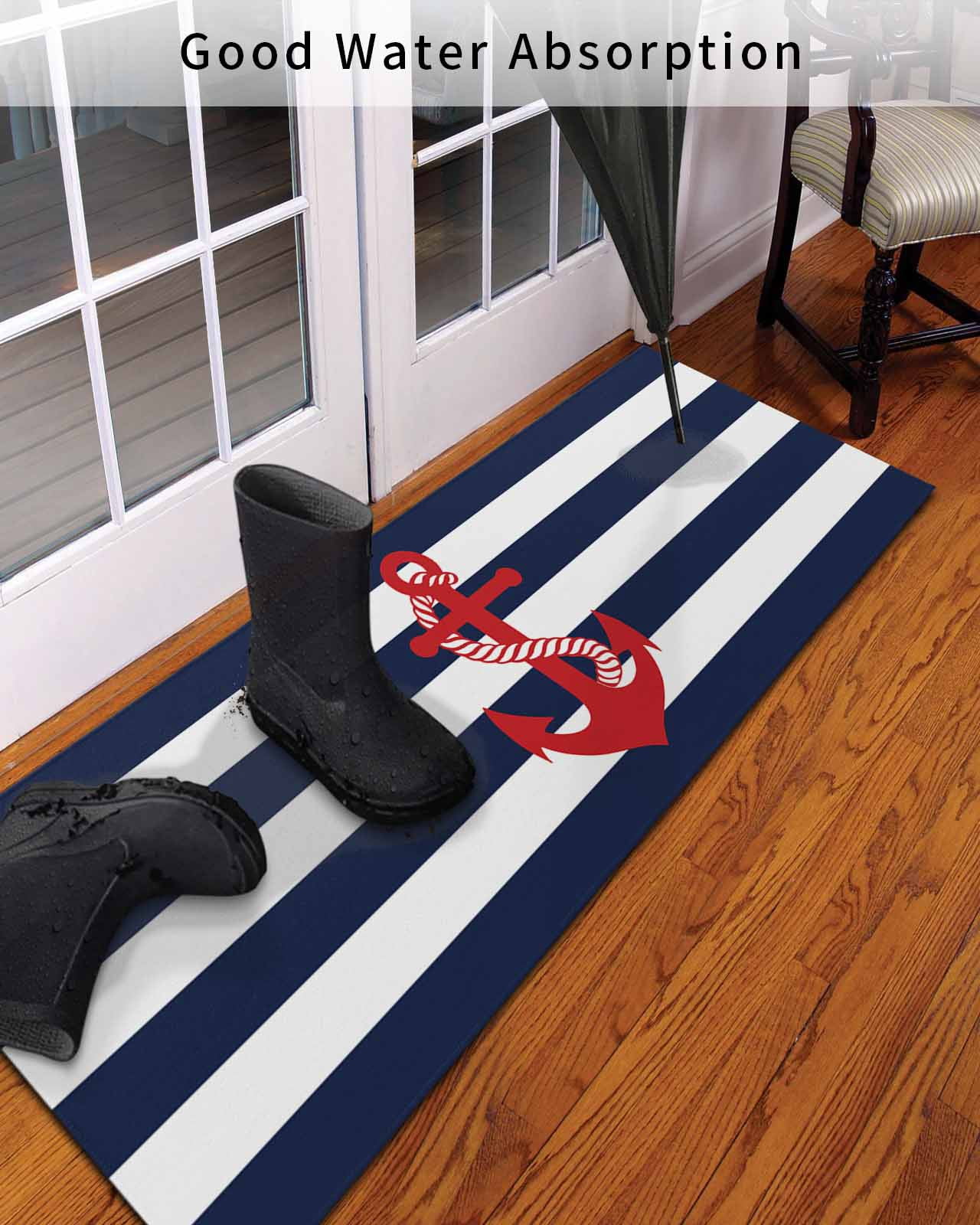 CHALLENGER WELCOME MAT（NAVY） Nautical Anchor Front Door Mat Coastal Navy Blue Stripe Welcome