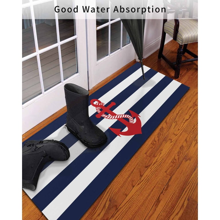 Nautical Anchor Front Door Mat Coastal Navy Blue Stripe Welcome