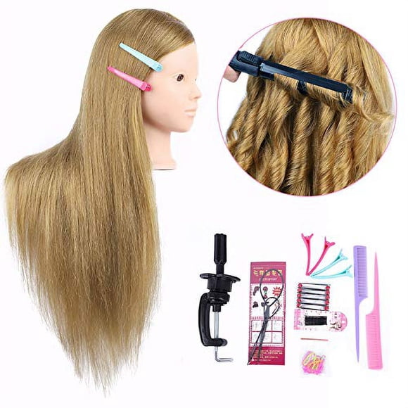 Cabeza de maniquí MEDO de 26 pulgadas con 50% cabello real, cabeza de entrenamiento de práctica marrón, cabeza de entrenamiento de peluquería sintética larga y recta, cabeza de maniquí de cosmetología