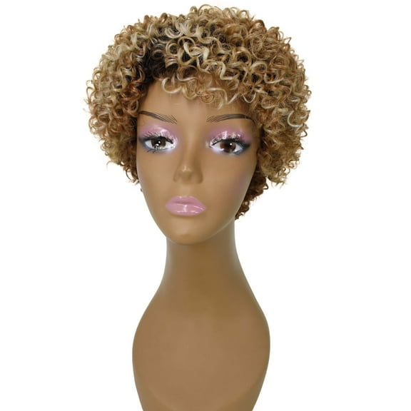 LUXLUXE Leila Curly Kinky 10 in Long Full Wig No Lace Wig, Heat Resistant Fibers, Brown to Strawberry Blonde Ombre