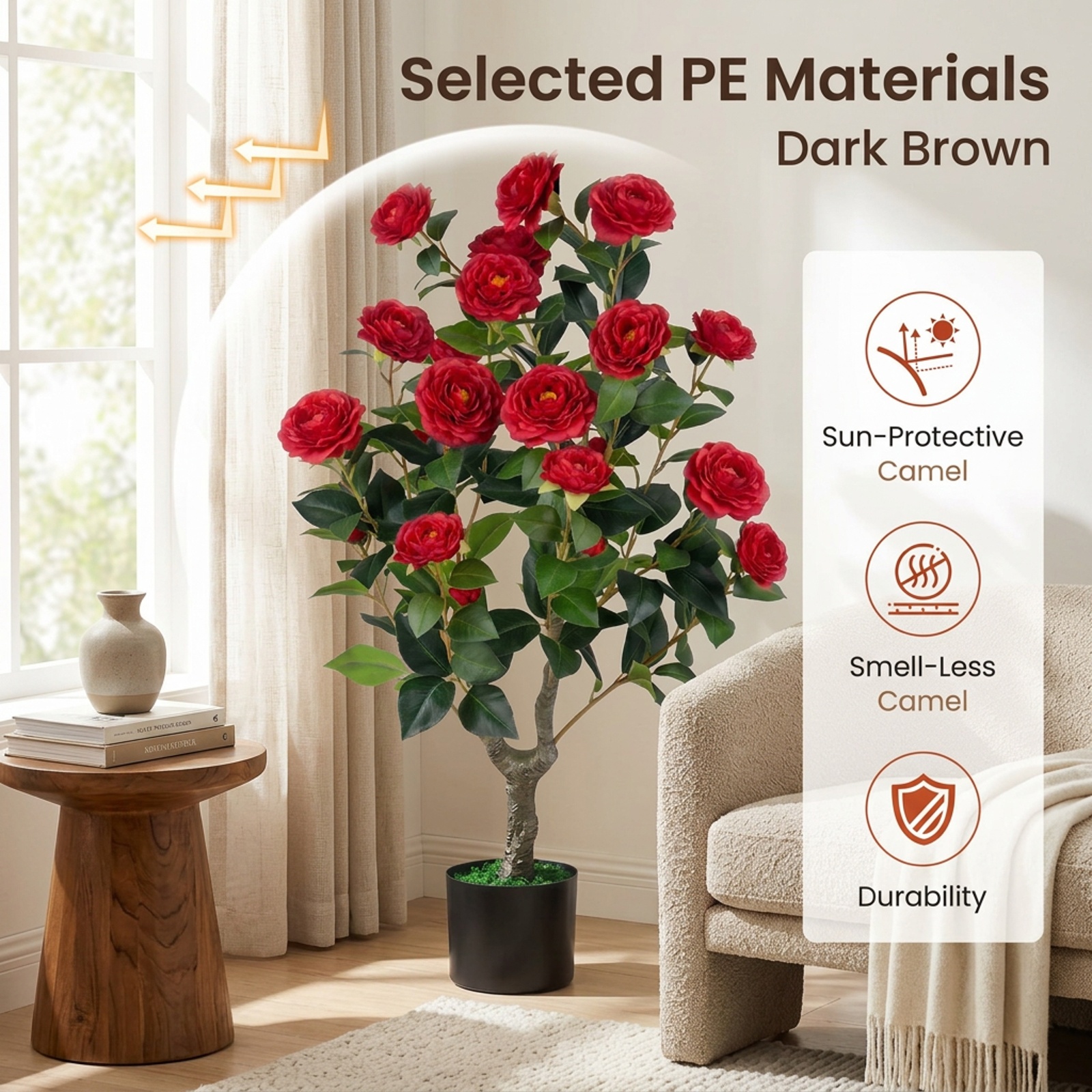 Vebreda Artificial Plant Decor, Artificial Camellia Tree Faux Flower Plant in Cement-Filled Pot, Lifelike & Elegant Design, Selected PE Materials