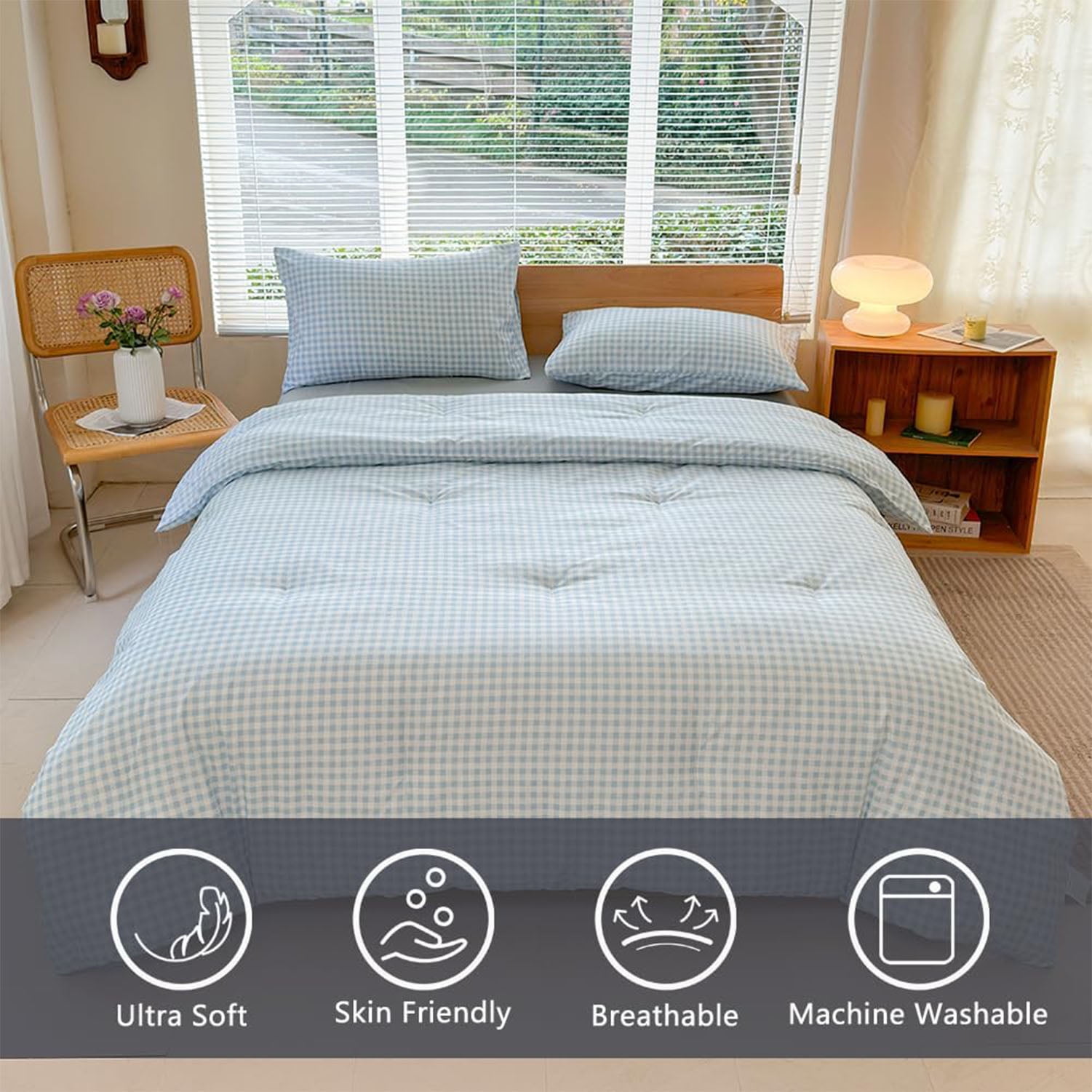 NSNLGSGC Light Blue Checkered Plaid King Comforter Set, 3-Piece Bedding Set