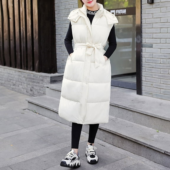 Charella Women's Long Puffer Vest Sleveless Zip up Padded Jacket Gilet Winter Warm Collar Coats Cardigan Outerwear with Pockets White,XL