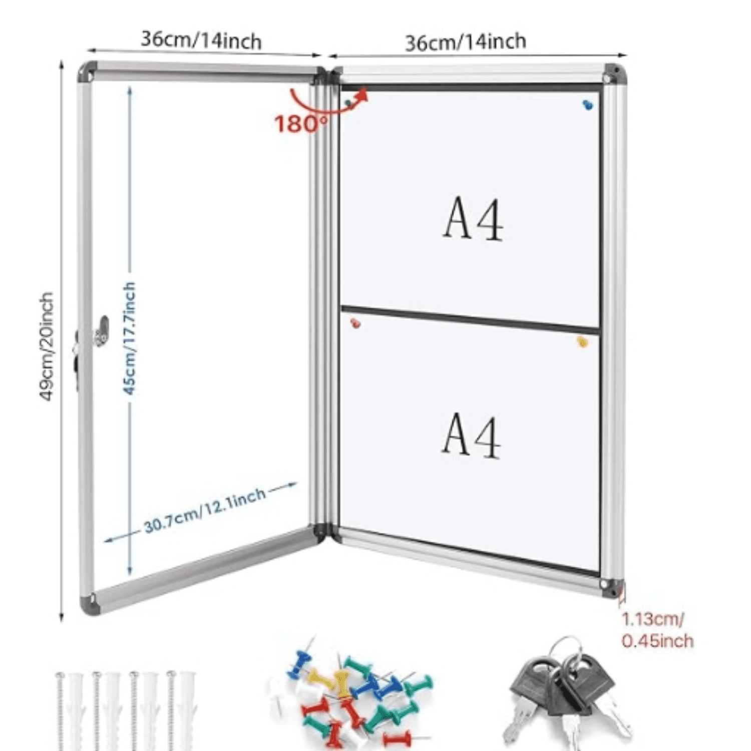 Enclosed Bulletin Board Lockable Noticeboard Case with Aluminium Frame,Grey Felt, 20x14inch (2xA4)
