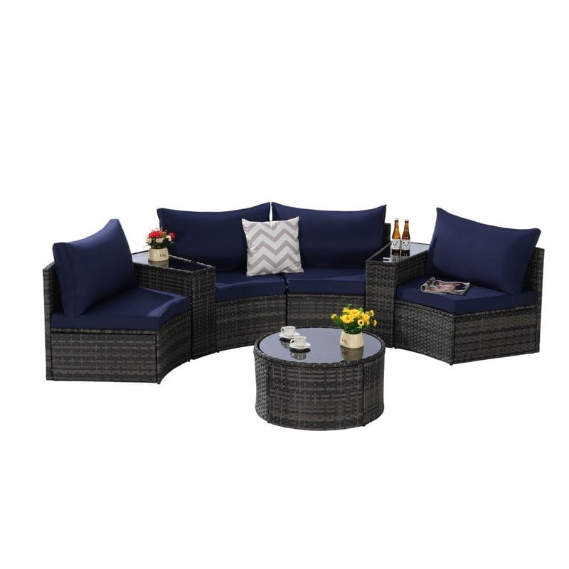7-Piece Patio Furniture Set with Round Coffee Table, All Weather Wicker PE Rattan Half-Moon Curved Sectional Sofa Set with 2 Side Table for Backyard
