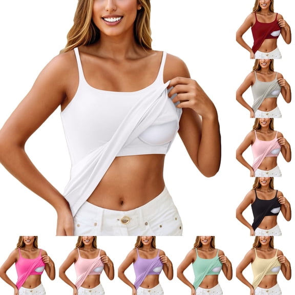Nestiefly Tank Tops with Built in Bras Padded for Women Adjustable Spaghetti Strap Basic Sleepwear Workout Yoga Cami Tops White L