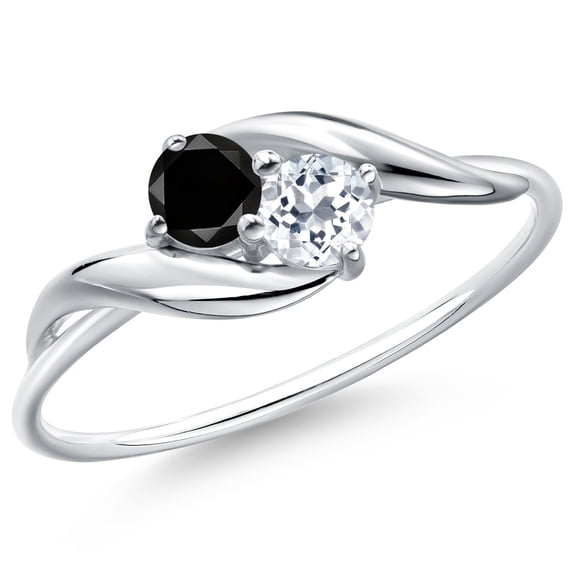 Gem Stone King 10K White Gold Round Black Diamond and White Topaz Ring for Women (0.39 Cttw, Round 3.5MM, Gemstone April Birthstone, Size 6)