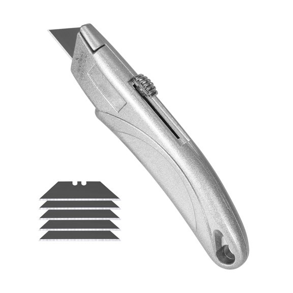 KFFKFF Practical Knife Set, Dual Pack Pull-Back Package Slicer, Encased in Aluminum Alloy, SK5 Blade Material with Grip, Triple-Position Blade, Quintet of Blades, Robust Package Slicer, Silver