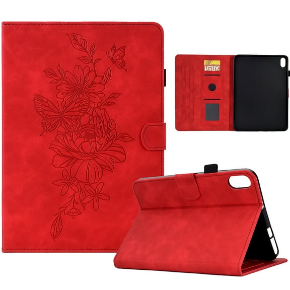 Smart Tablet Case for iPad 10th Gen 10.9 inch 2022 Book Style Flip Folio Cover, Flower Pattern Luxury PU Leather Kickstand Magnetic Clasp Auto Sleep/Wake Shockproof Case, Red