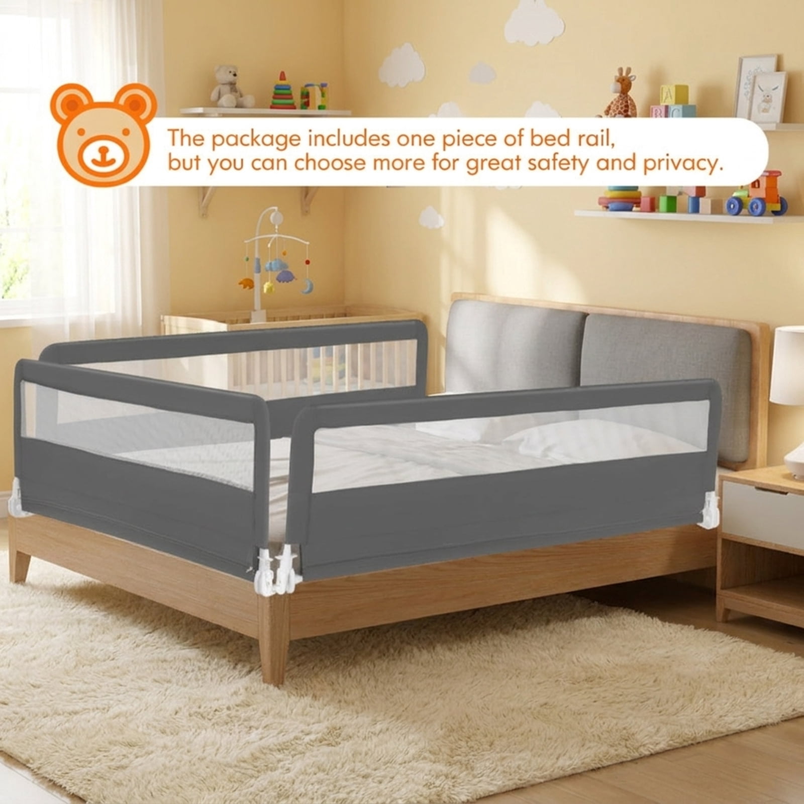 SUGIFT 71 Inch Extra Long Swing Down Bed Side Rails Guardrail with Ventilated Mesh Adjustable Safety Belt Oxford Cloth and Reinforced Steel Frame for Bedside, Gray