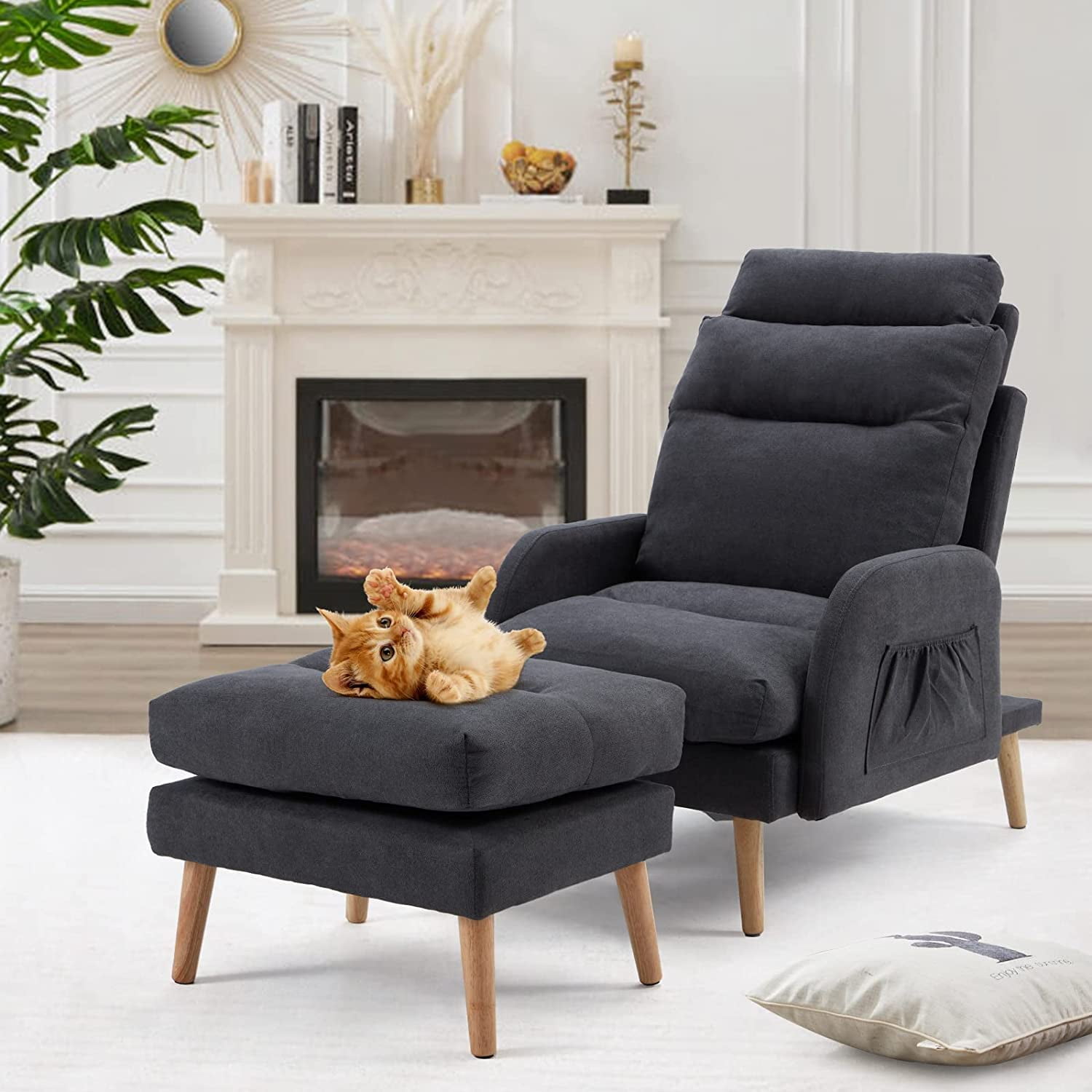 Meja Occasional Living Room Armchair Shell Accent Chair with Footstool and Pillow Velvet Leisure Tub Armchair with Ottoman and Cushion Wingback Sofa Chair for Living Room Bedroom Reception Furniture