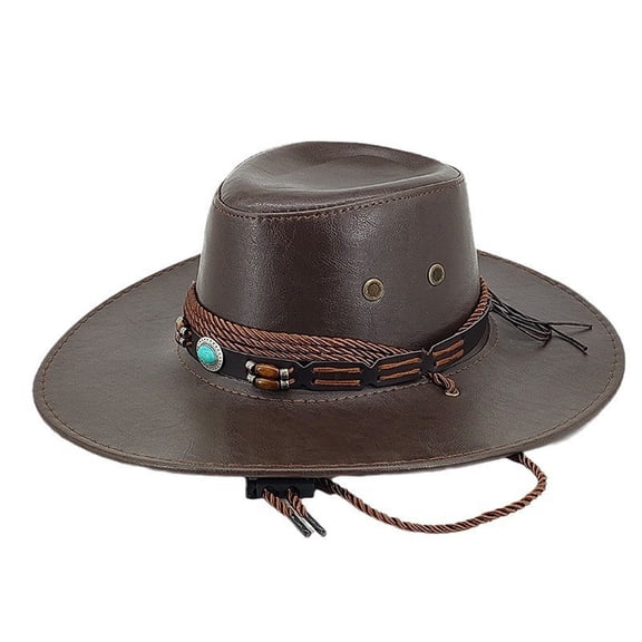 AirLoni Leather Cowboy Hat For Men & Women Unisex Wide Brim Western Style Hats With Beaded Solid Color One Size 1 pc