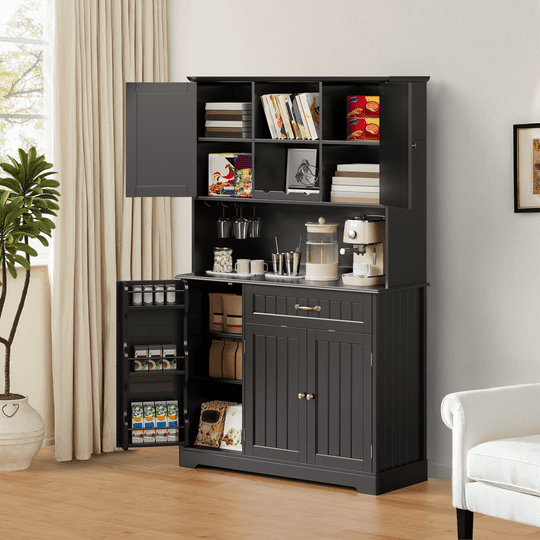 Aiho 67" Kitchen Pantry Storage Cabinet with Doors & Shelves, Modern Buffet Cabinet with Microwave Stand, Tall Hutch Cabinet for Kitchen, Dining Room - Black