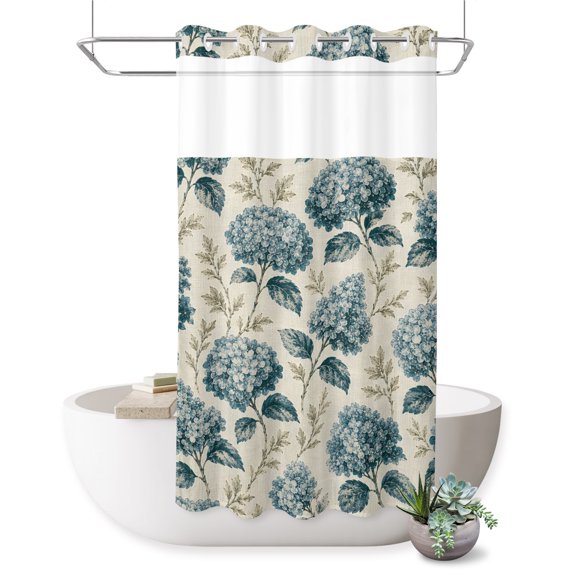 No Hook Shower Curtain, Vintage Hydrangea Floral Shower Curtains for Bathroom with See Through Top Window, Farmhouse Botanical Aesthetic Waterproof & Washable Bath Curtain Stand Up Stall 36"x72"