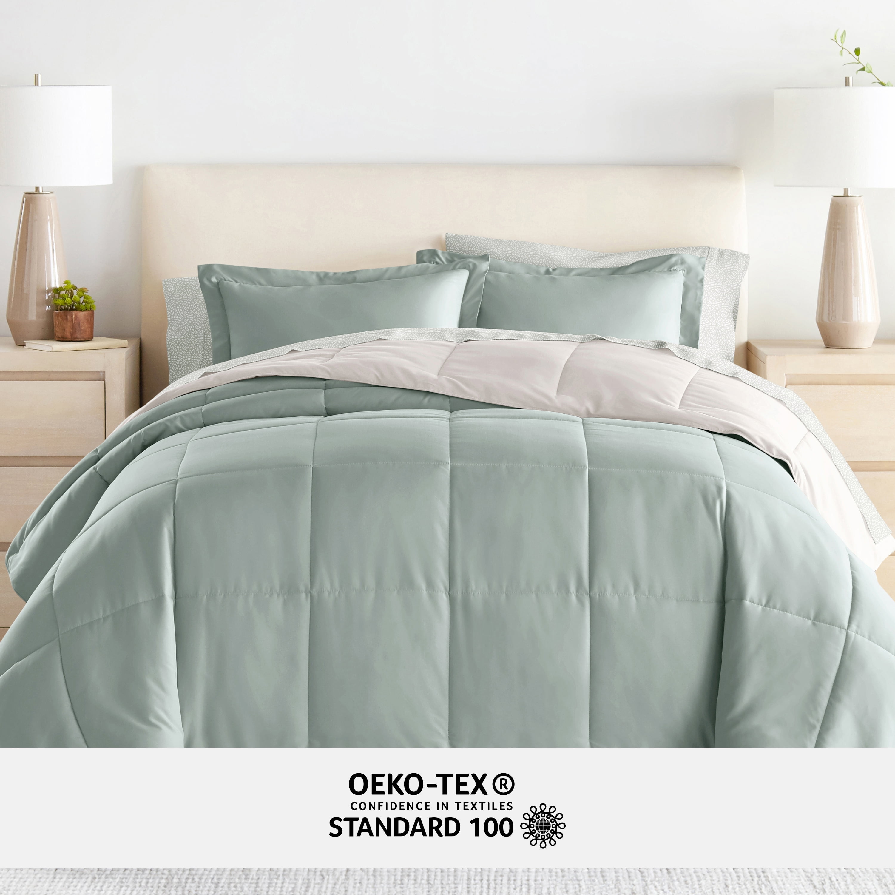 Noble Linens 7 Piece Bedding Bundle, Reversible Comforter and Patterned Sheet Set, Full