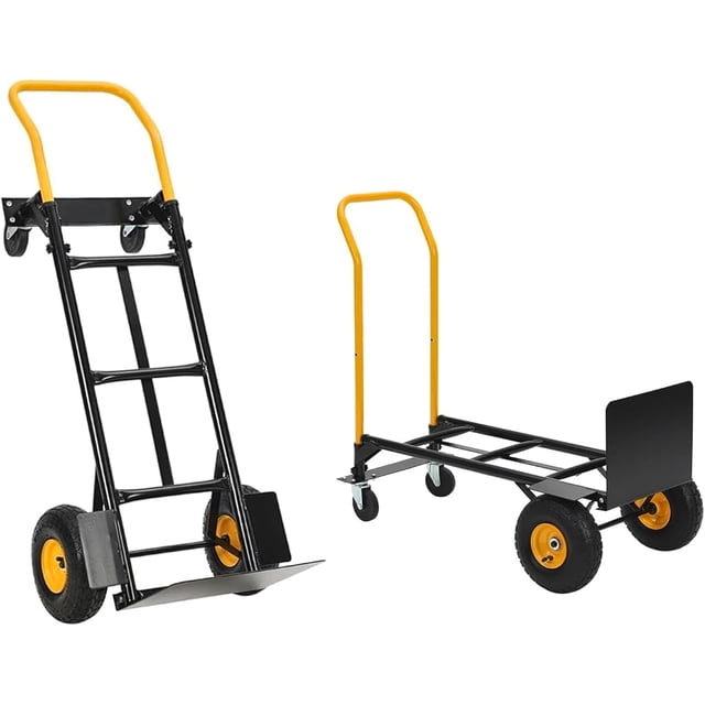 Chariot Diable Convertible 2-en-1 Robuste Capacité de 800 LB avec Plateforme Pliante Roues Non Plates et Poignée Télescopique pour Entrepôt Bureau Jardin Orange