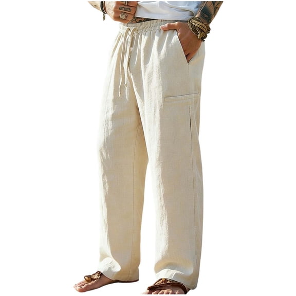 Bovxnpu Mens Cotton Linen Pants Beach Work Loungewear Trousers Men Linen Beach Pants Solid Loose Straight Leg Drawstring Outdoor Pants