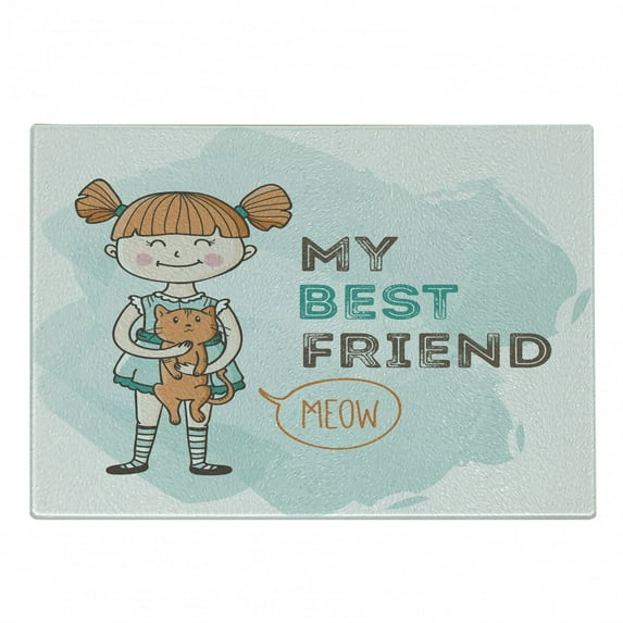 Best Friend Cutting Board, Little Happy Girl Holding a Cat with Typography Meow Animal Love, Decorative Tempered Glass Cutting and Serving Board, in 3 Sizes, by Ambesonne