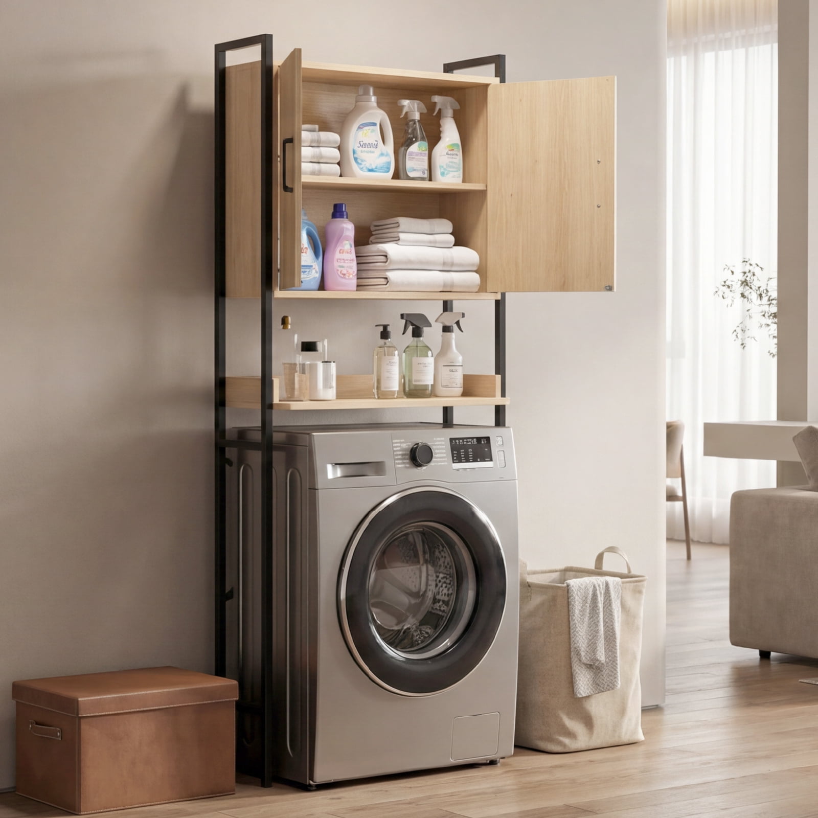 One Shelf Toilet Cabinet, Wood Grain Embossed Design, Mdf Melamine Veneer With Square Tubing, Double Doors, 64.5*30*171cm