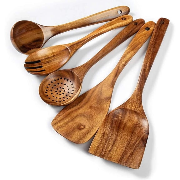 Wood Kitchen Utensils Set, 5 Pcs Natural Acacia Wooden Spoons for Cooking for No