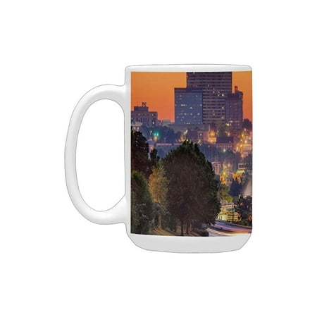 

United States Skyline of Columbia City South Carolina Main Street Urban Scene Orange Dark Green Blue Ceramic Mug (15 OZ) (Made In USA)