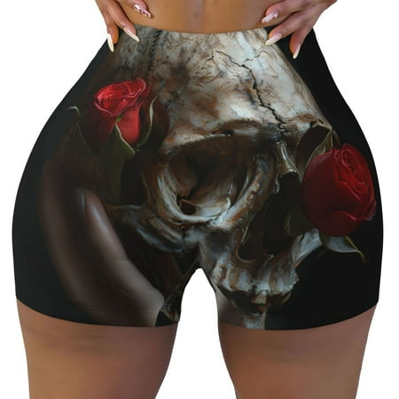 Workout Shorts Women  Realistic Rose Skull Biker Shorts for Women Running Gym Spandex Shorts Tummy Control