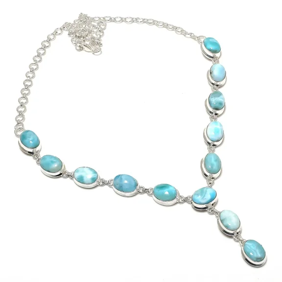 Larimar Gemstone Necklace Handmade Beautiful Necklace Natural Oval Cabochon Blue Larimar 925 Sterling Silver Plated Jewelry 22 Inch Adjustable Necklace