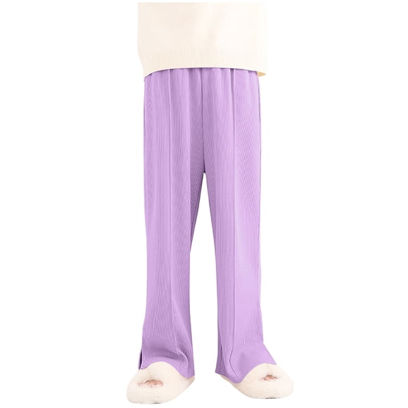 Girls Cotton Pants Side Split Casual Trousers 6-12 Years Old, Solid Cozy Elastic Waist Full Length Straight Leg Pant (7 Years, Purple)