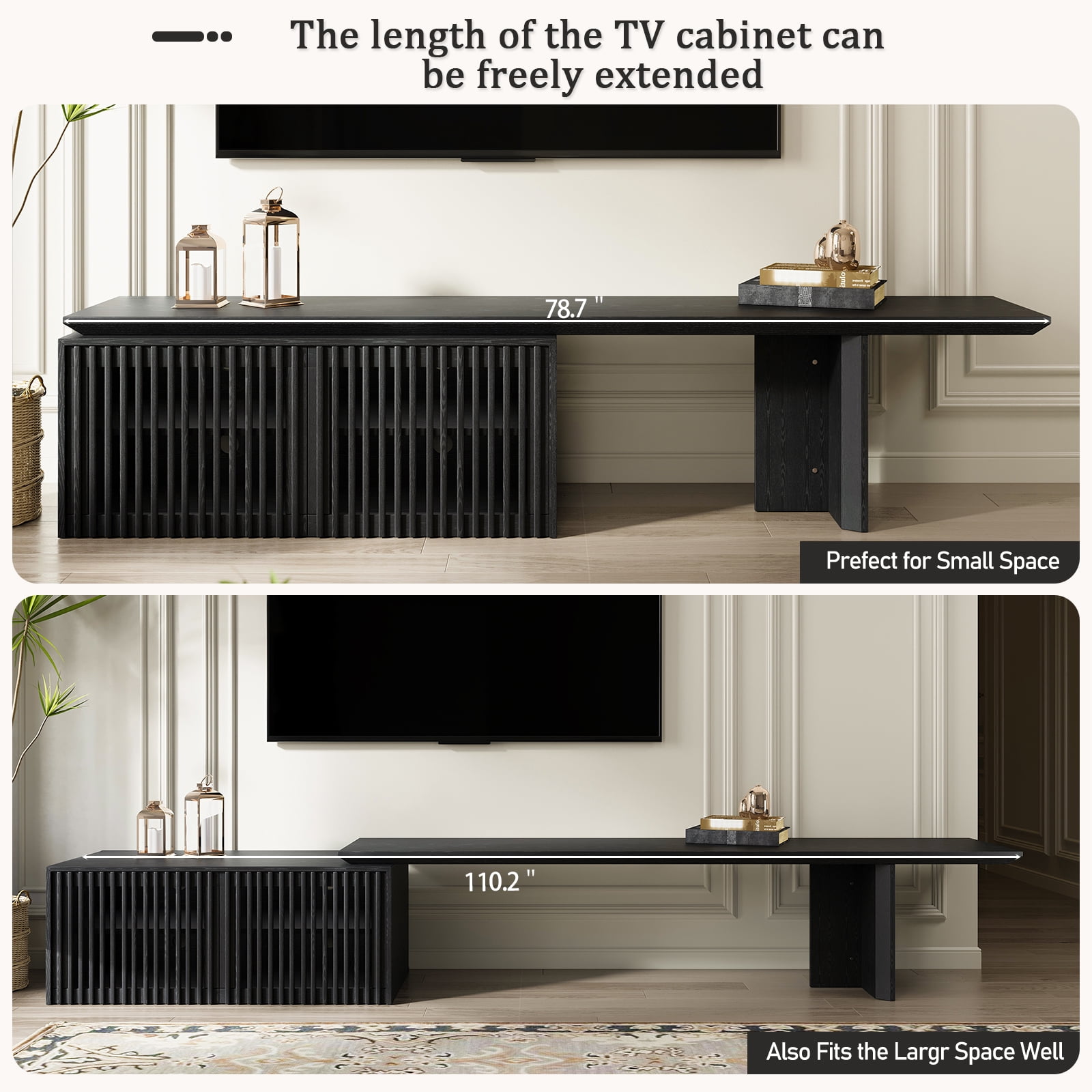 ​​Extendable TV Stand with Storage for TVs Up to 100" - Adjustable Width (63.4"-94.5") Black Media Console - Modern Entertainment Center for Living Room/Bedroom​