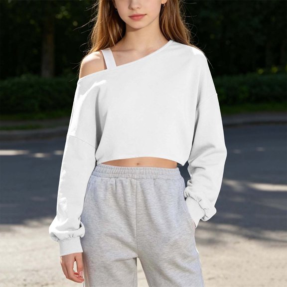 Kids Girls Off Shoulder Long Sleeve Crop Sweatshirt, Comfort Casual Outerwear Top For Medium & Large Size Children White 14-15 Years